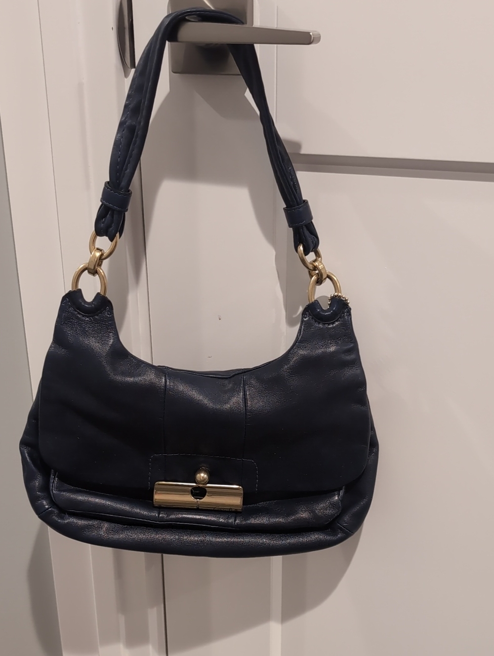 Coach Vintage Kristin Navy Leather Shoulder Bag with Gold Hardware